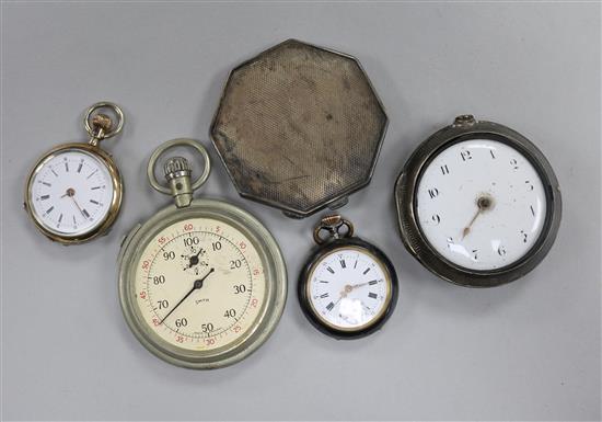 A silver compact and four assorted pocket watches including pair case